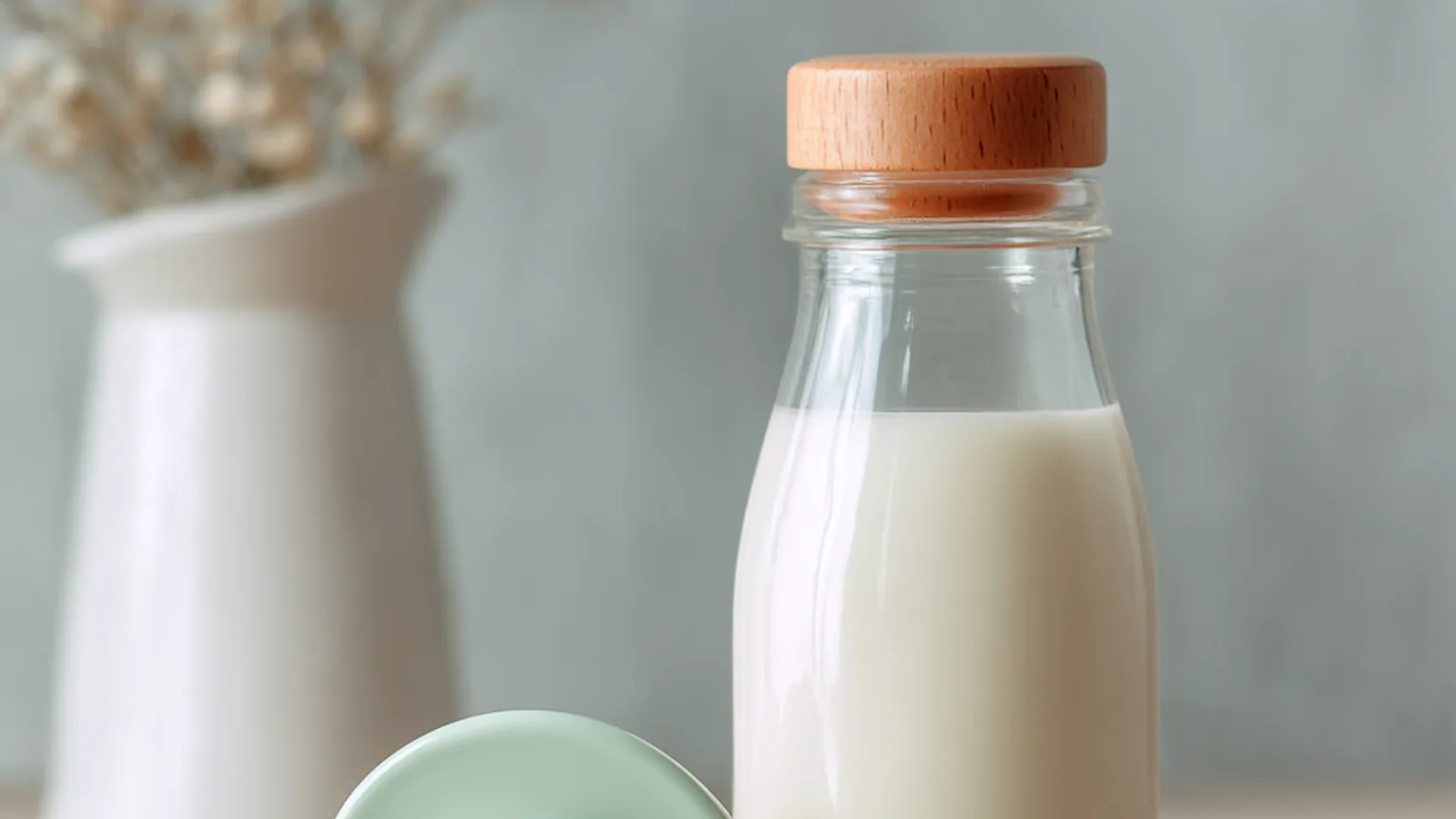 A bottle of milk and a soother on a wooden table