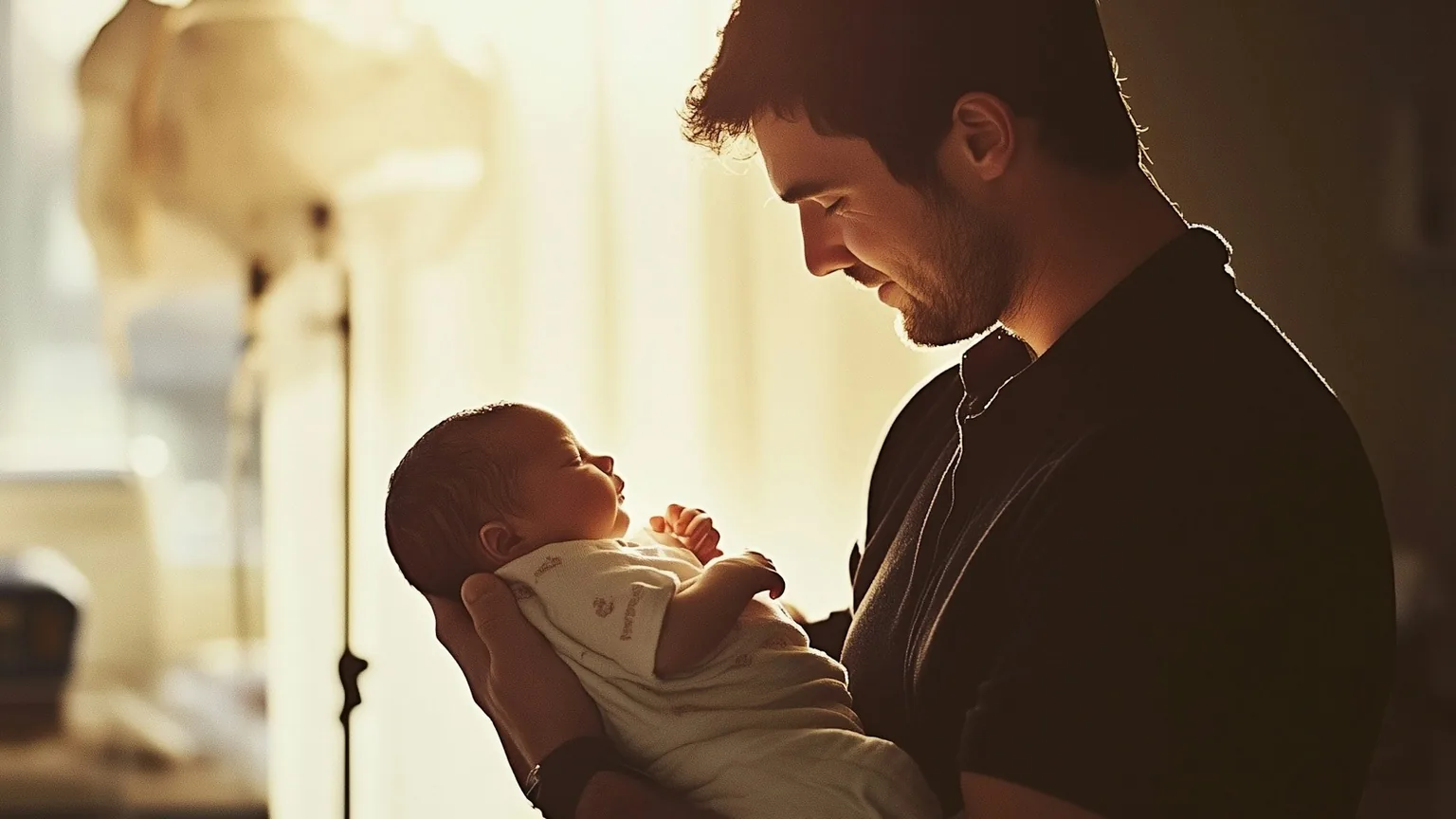 A father holding his newborn up to the light of a window