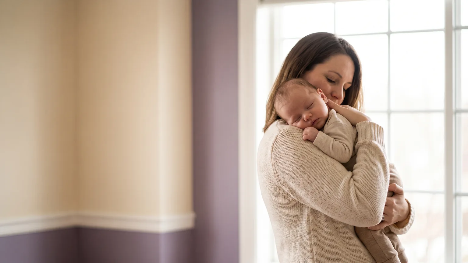 A mother holding her sleeping baby against her shoulder by a window
