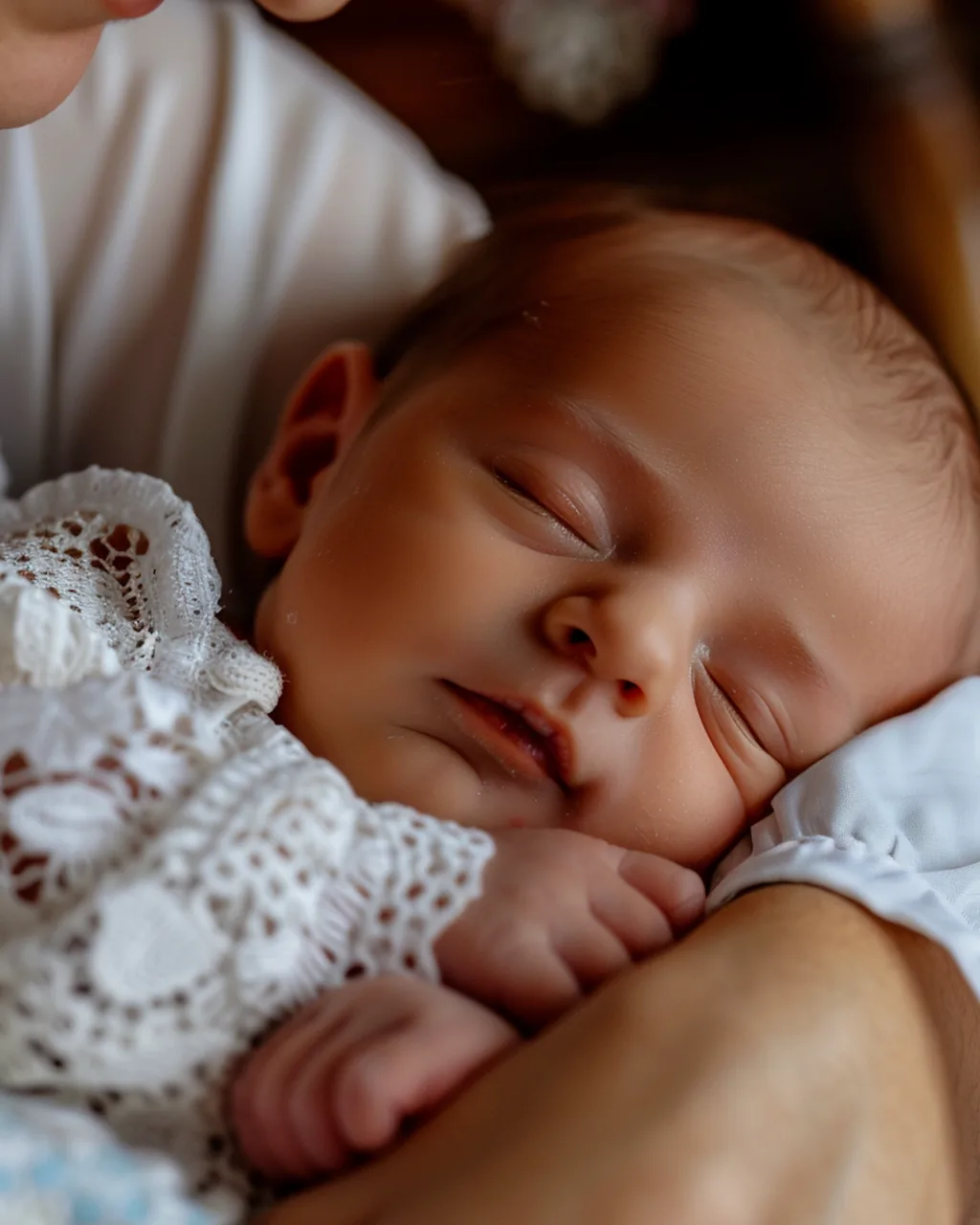 A newborn sleeping peacefully after a feed