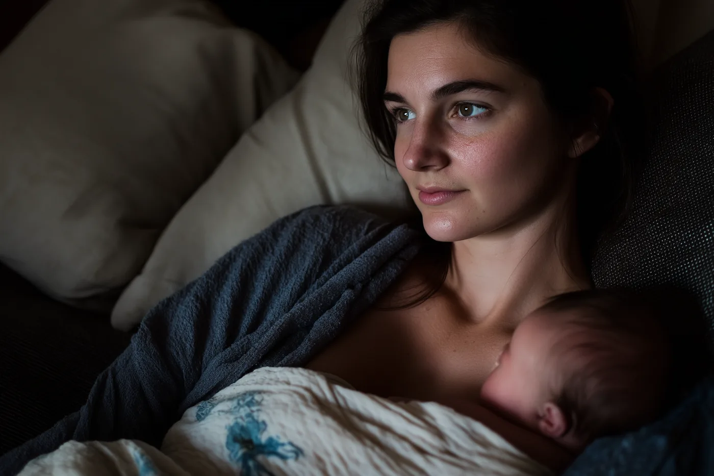 A parent lying with their newborn during a night feed
