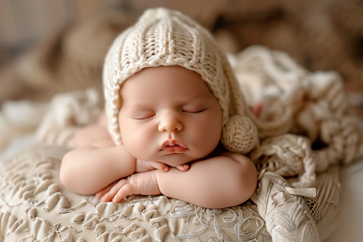 A newborn asleep in a knitted bonnet, settled after a feed