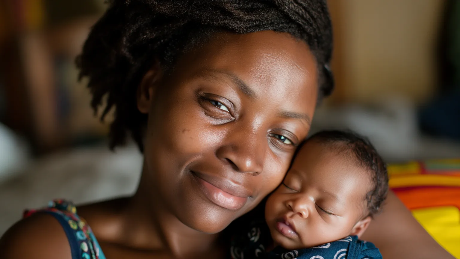 A mother holding her newborn close, both calm