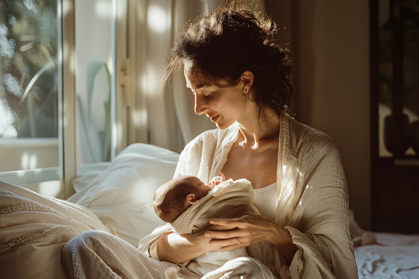 A mother feeding her baby in bright morning light, unhurried
