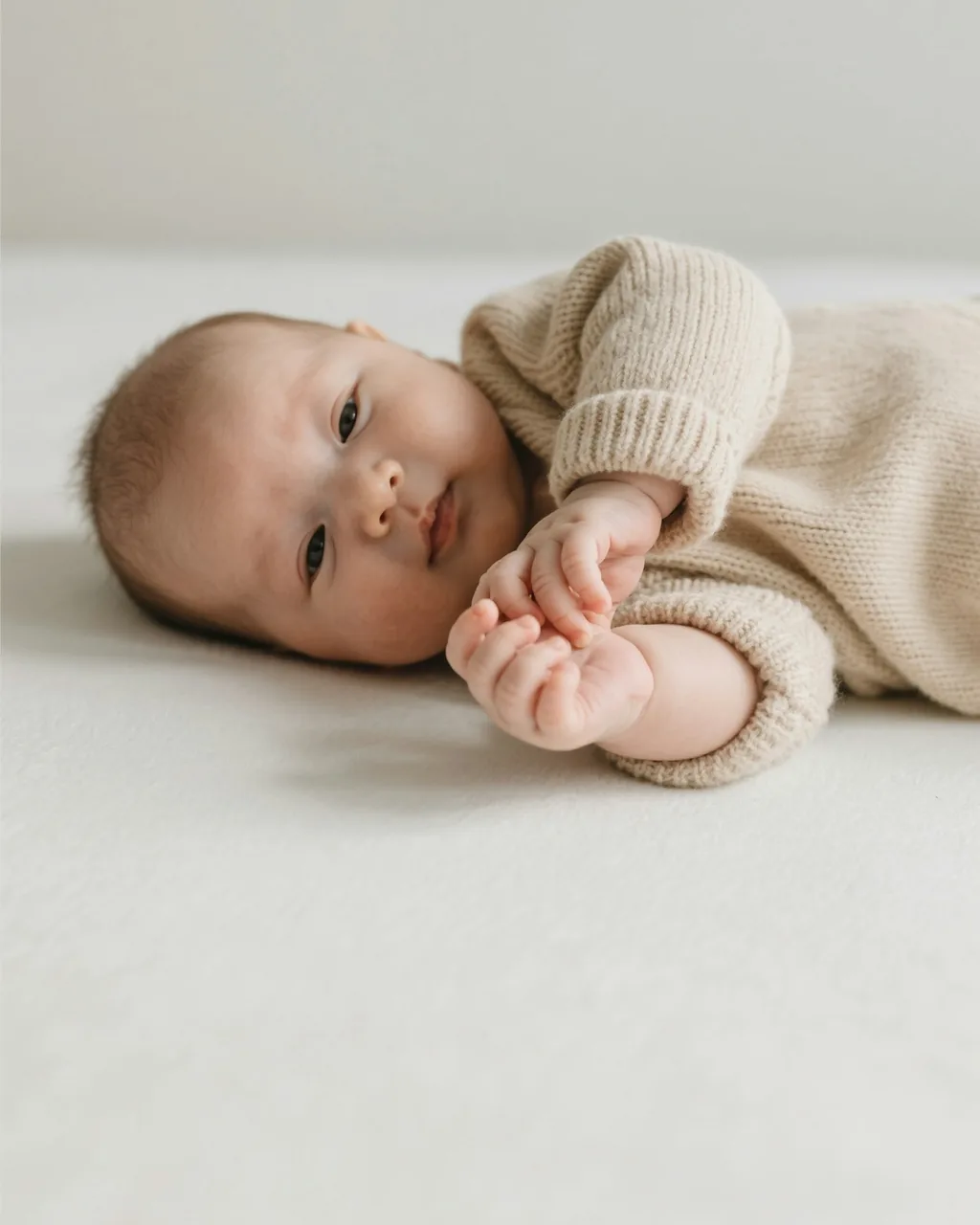 A contented baby a few weeks on, hand outstretched