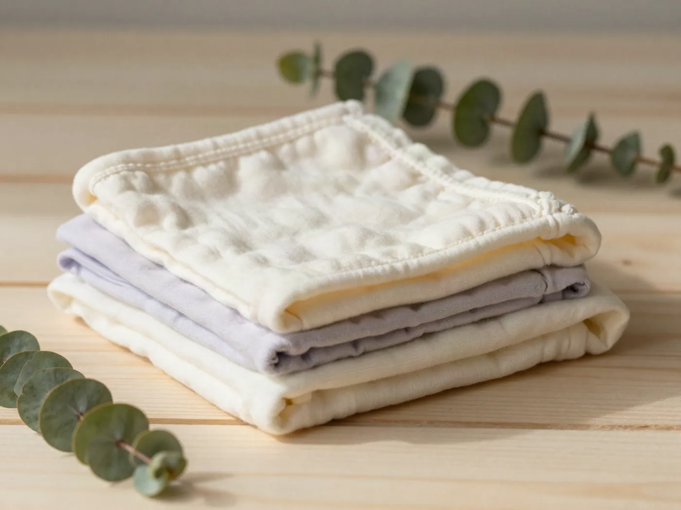 A folded stack of cream and lilac muslin cloths beside a eucalyptus sprig